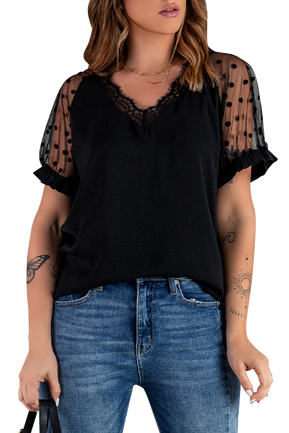 Polka Dot Lace Trim Detail Spliced Mesh Blouse