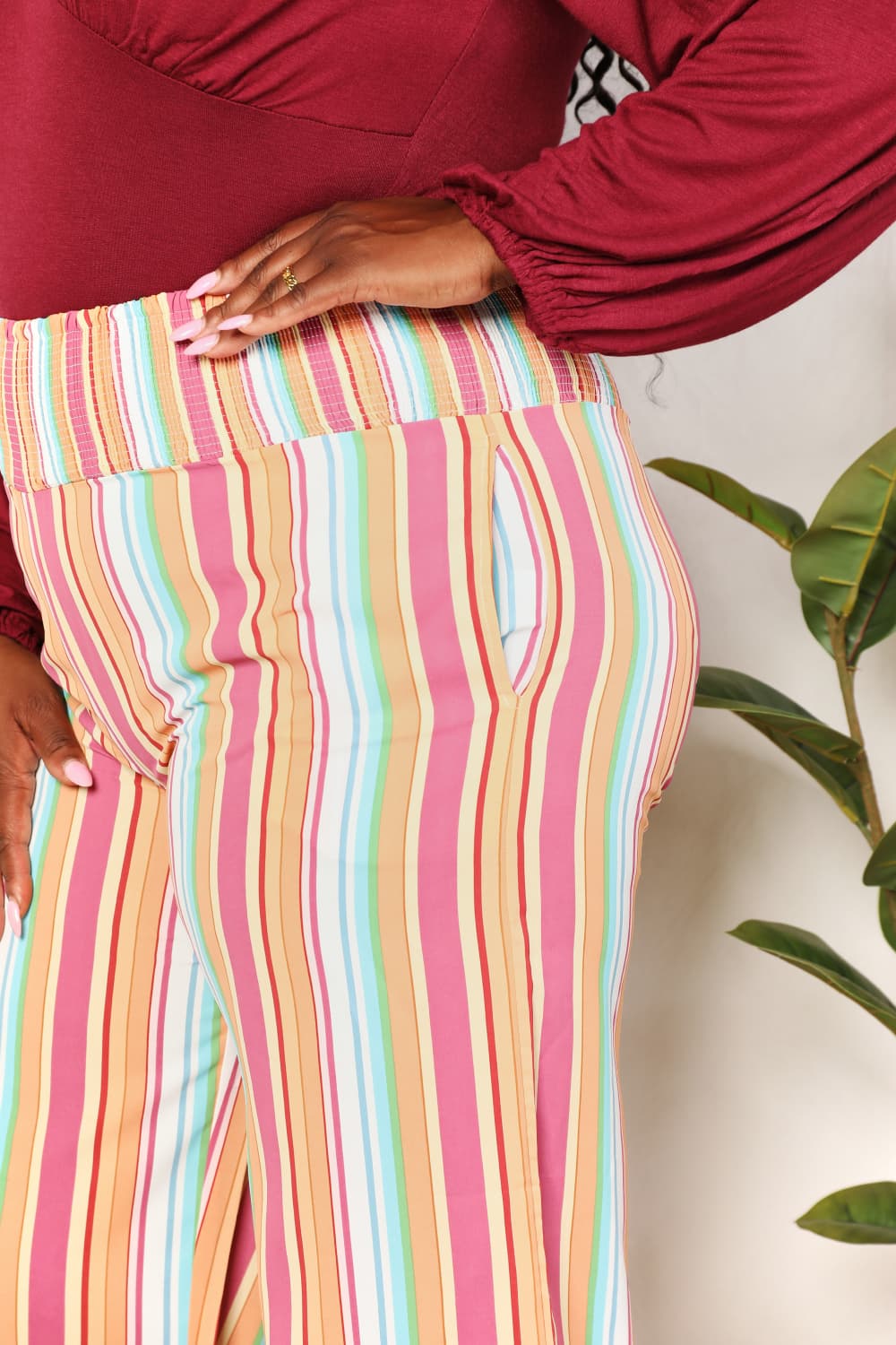 Double Take Keep Smiling Striped Smocked Waist Pants with Pockets