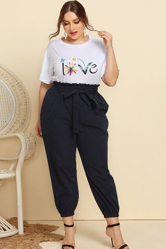 Love Is Blooming Graphic Tee and Belted Paperbag Joggers Set with Pockets