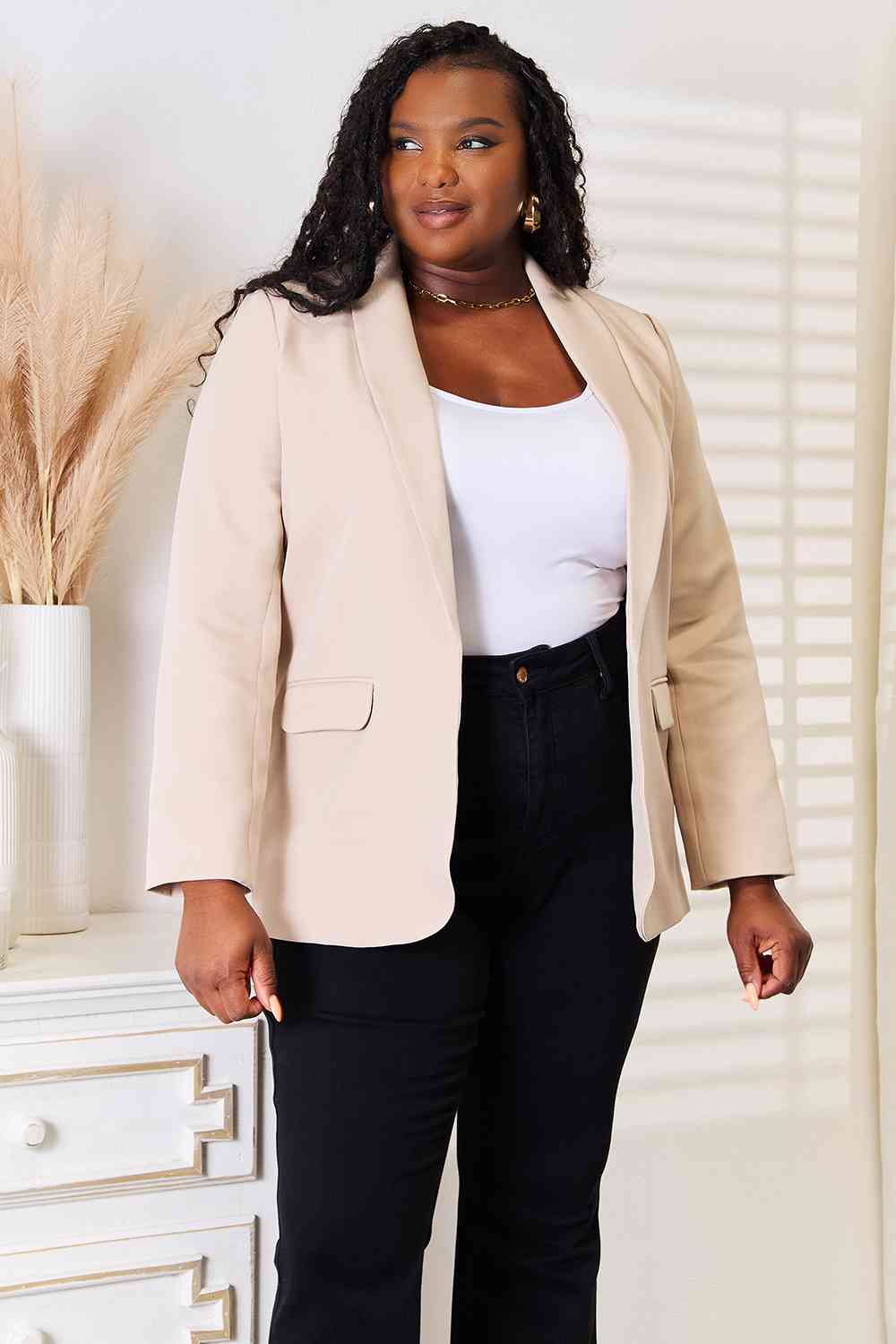 Double Take But Coffee First Shawl Collar Long Sleeve Blazer in Sand