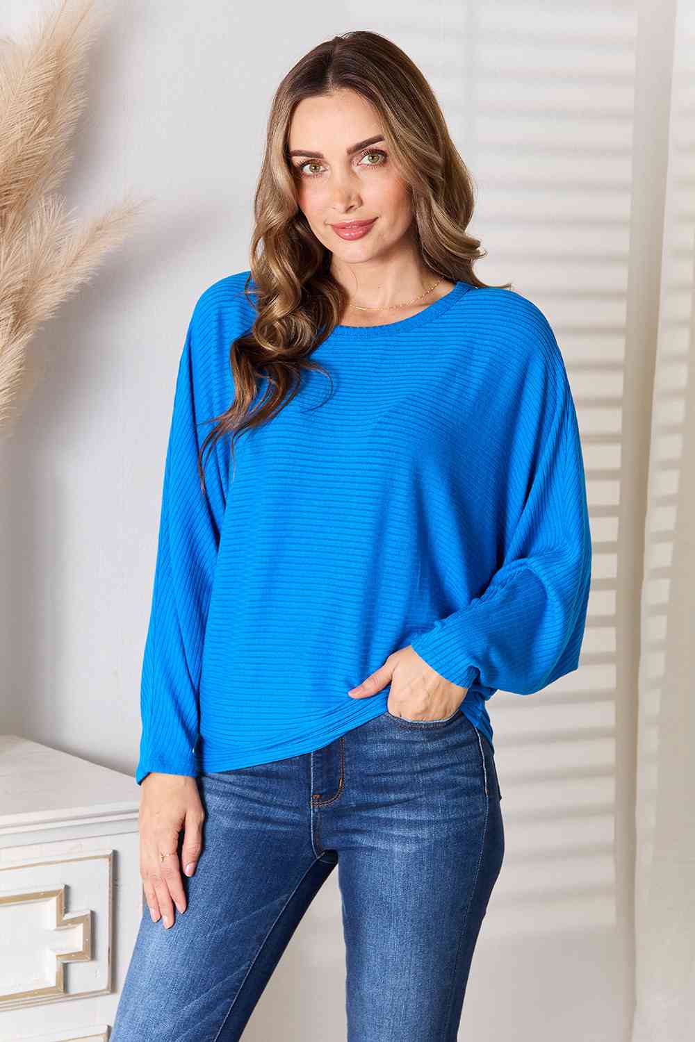 Zenana Fall Vibin' Batwing Sleeve Blouse in Cobalt Blue