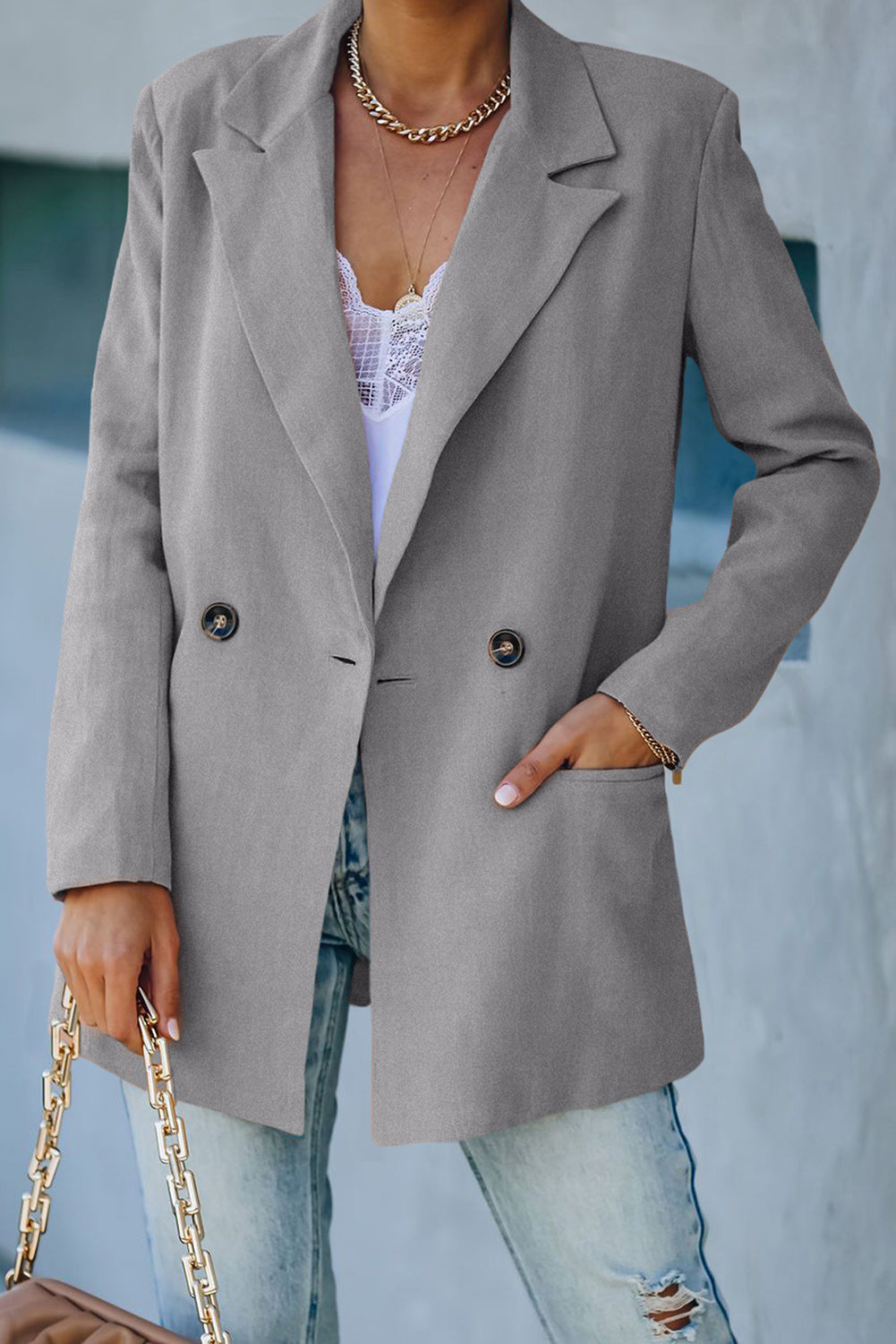 Double Take Boss Babe Double-Breasted Padded Shoulder Blazer with Pockets