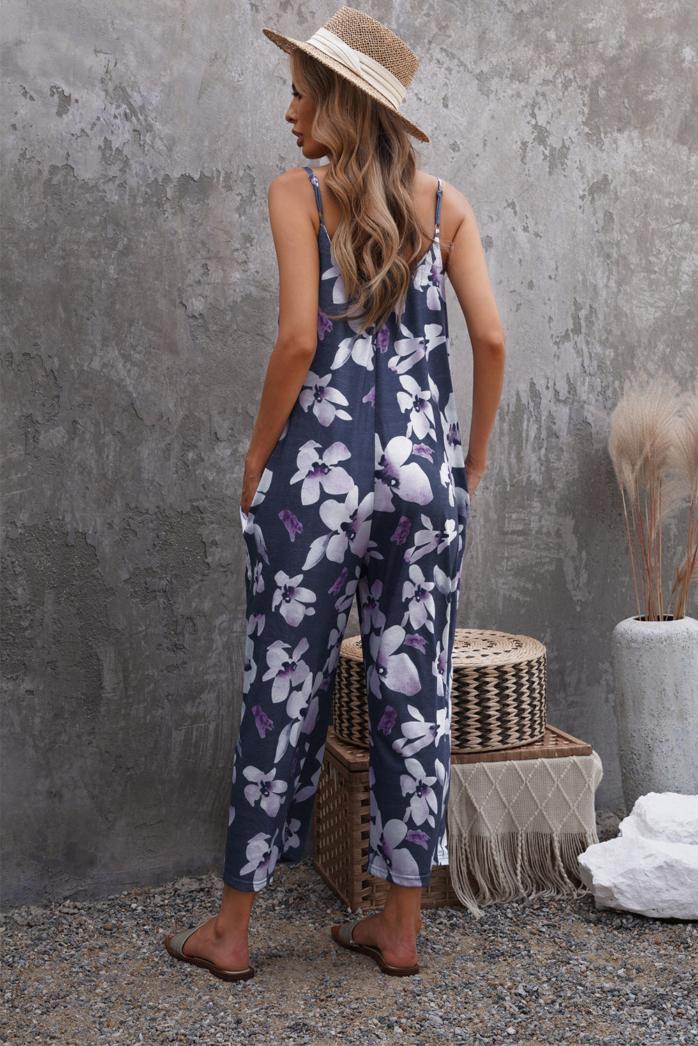 Vacation Mode On Botanical Print Spaghetti Strap Cropped Jumpsuit