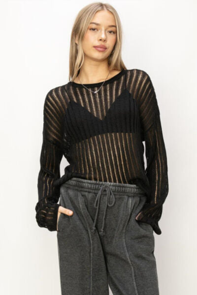 HYFVE Hey You, It's Me Openwork Ribbed Trim Long Sleeve Knit Top in Black
