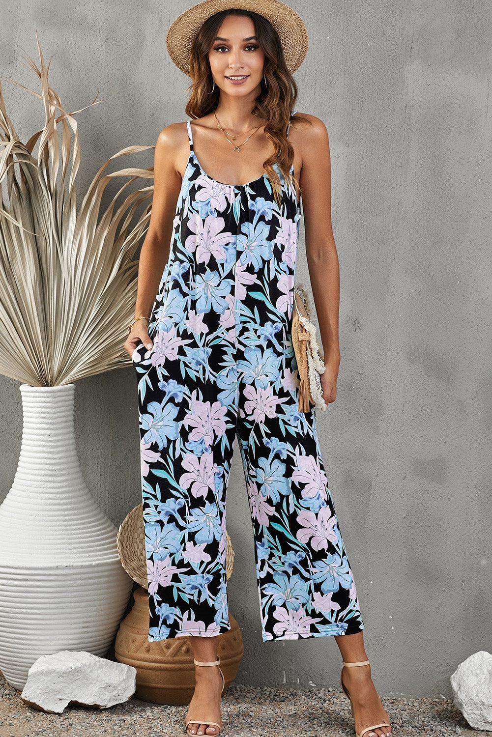 Vacation Mode On Botanical Print Spaghetti Strap Cropped Jumpsuit