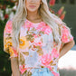 Pink Sunrise Floral Round Neck Three-Quarter Sleeve Top