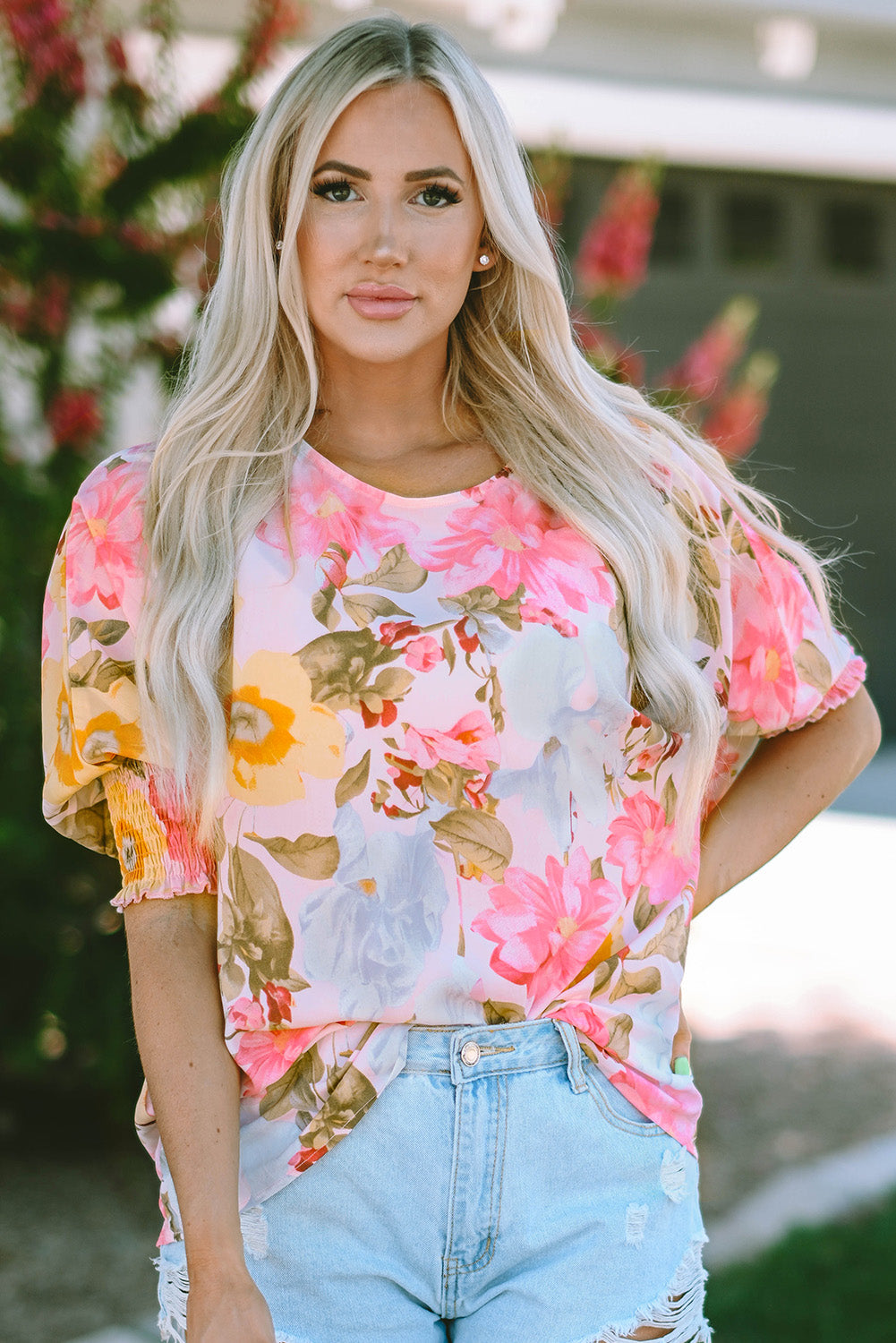 Pink Sunrise Floral Round Neck Three-Quarter Sleeve Top