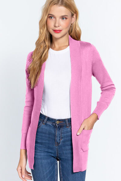 ACTIVE BASIC Along The Way Ribbed Trim Open Front Cardigan with Pockets