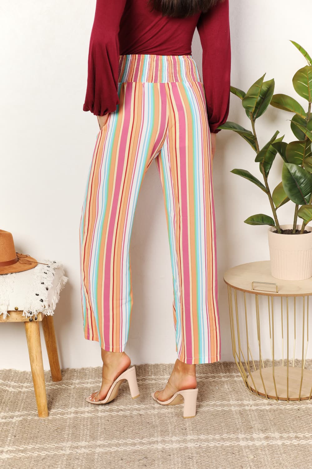 Double Take Keep Smiling Striped Smocked Waist Pants with Pockets