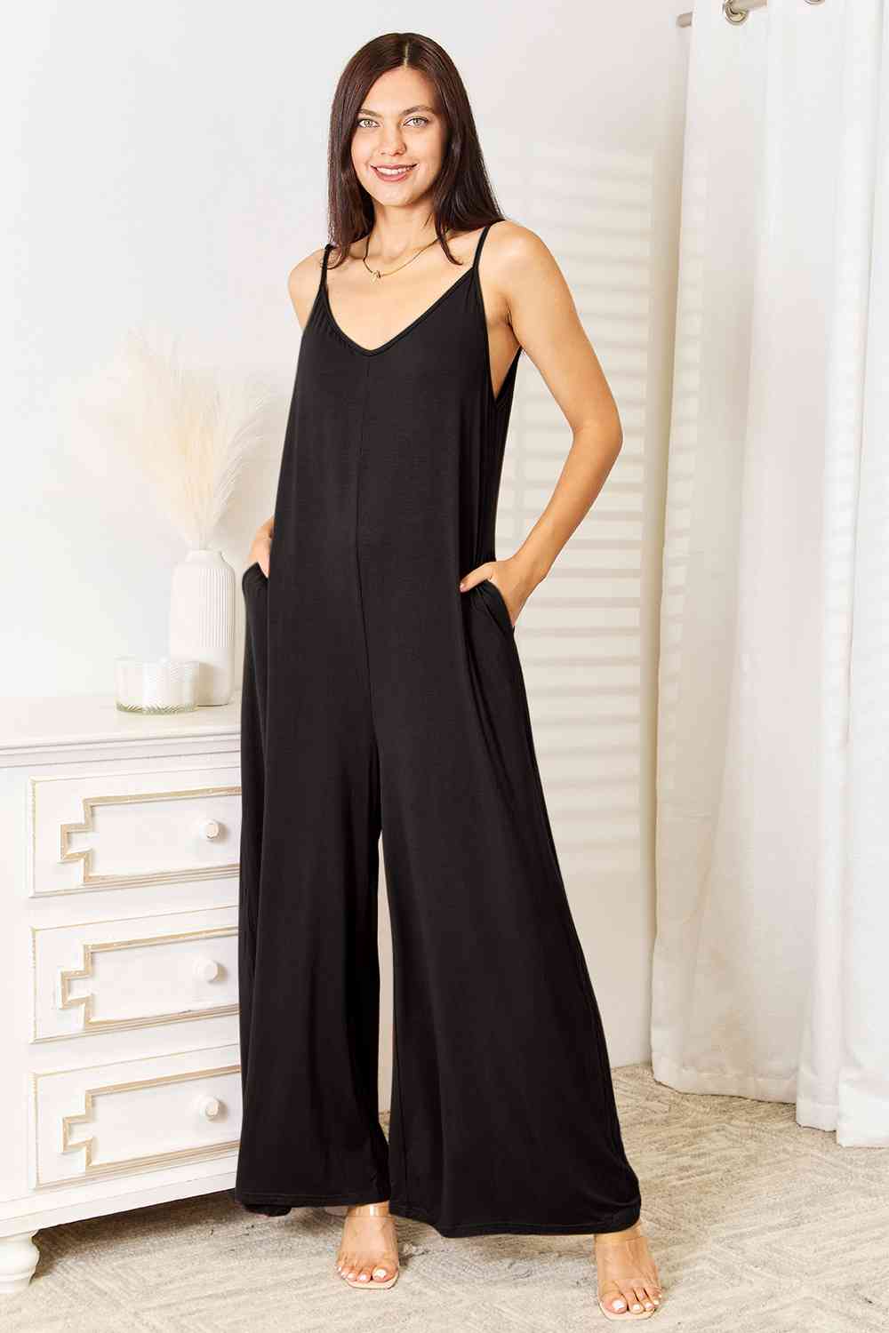 Double Take All Night Soft Rayon Spaghetti Strap Tied Wide Leg Jumpsuit with Pockets