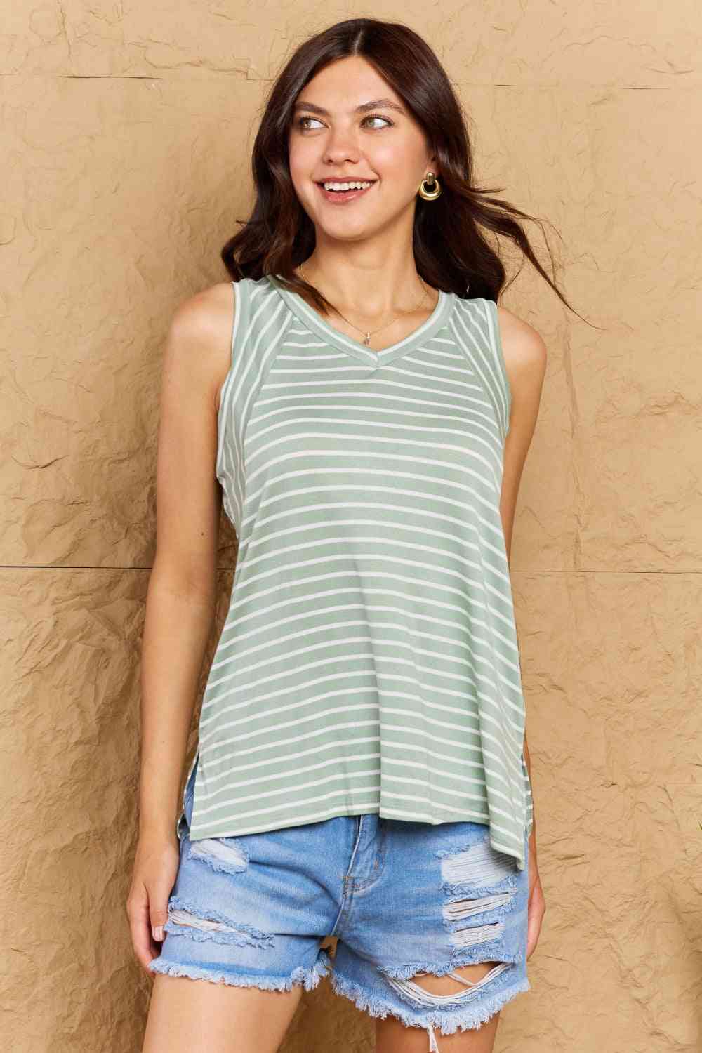 Doublju Talk To Me Striped Sleeveless V-Neck Top in Green