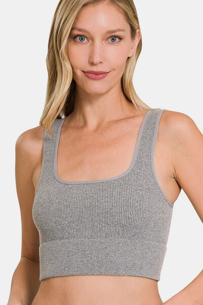 Zenana In Your Dreams Ribbed Square Neck Cropped Tank in Heather Grey