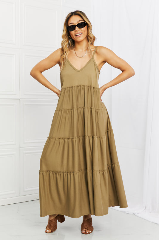 Zenana Spaghetti Straps Tiered Dress with Pockets in Khaki