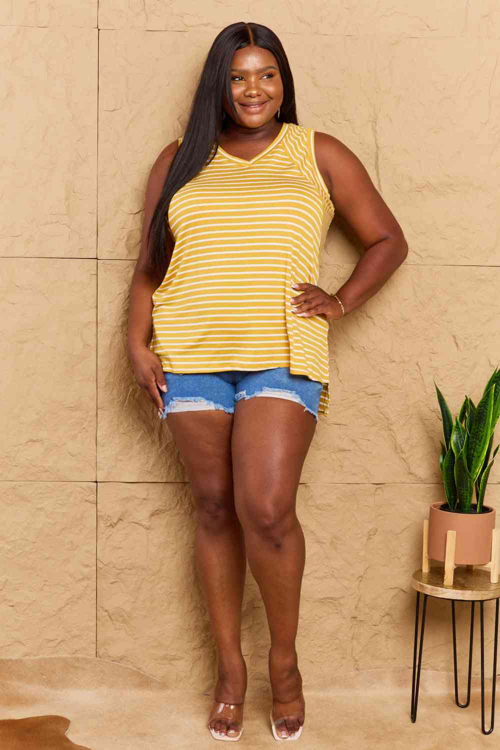 Doublju Talk To Me Striped Sleeveless V-Neck Top in Yellow Gold