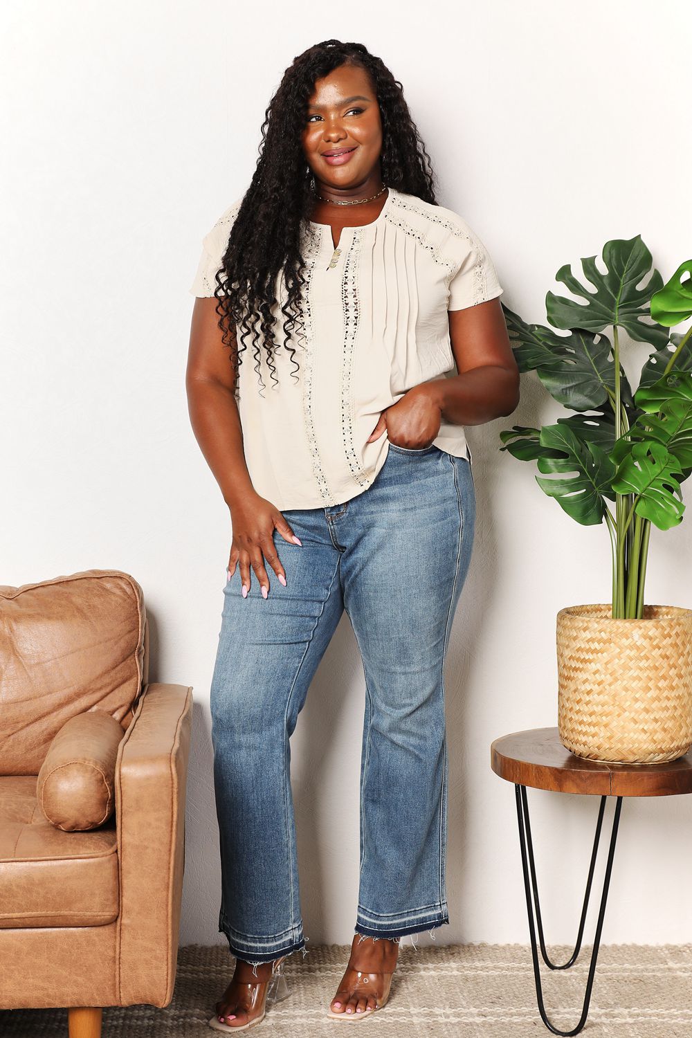 Double Take Meet Me At The Cafe Crochet Buttoned Short Sleeves Top in Pastel Yellow