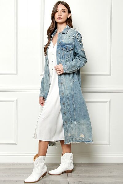 Veveret Pearl Distressed Raw Hem Pearl Detail Button Up Jacket