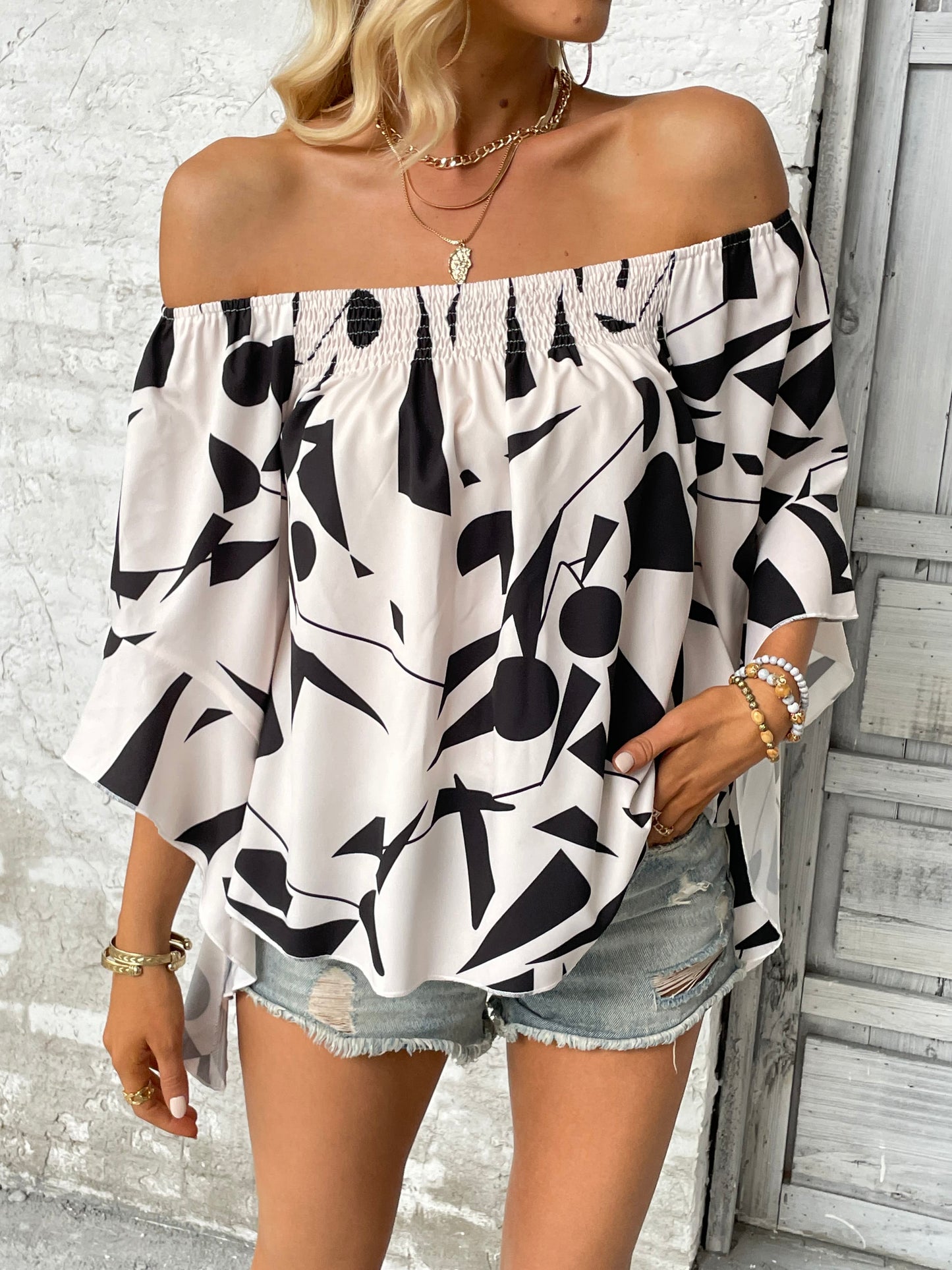 Take Me Dancing Printed Off-Shoulder Bell Sleeve Blouse