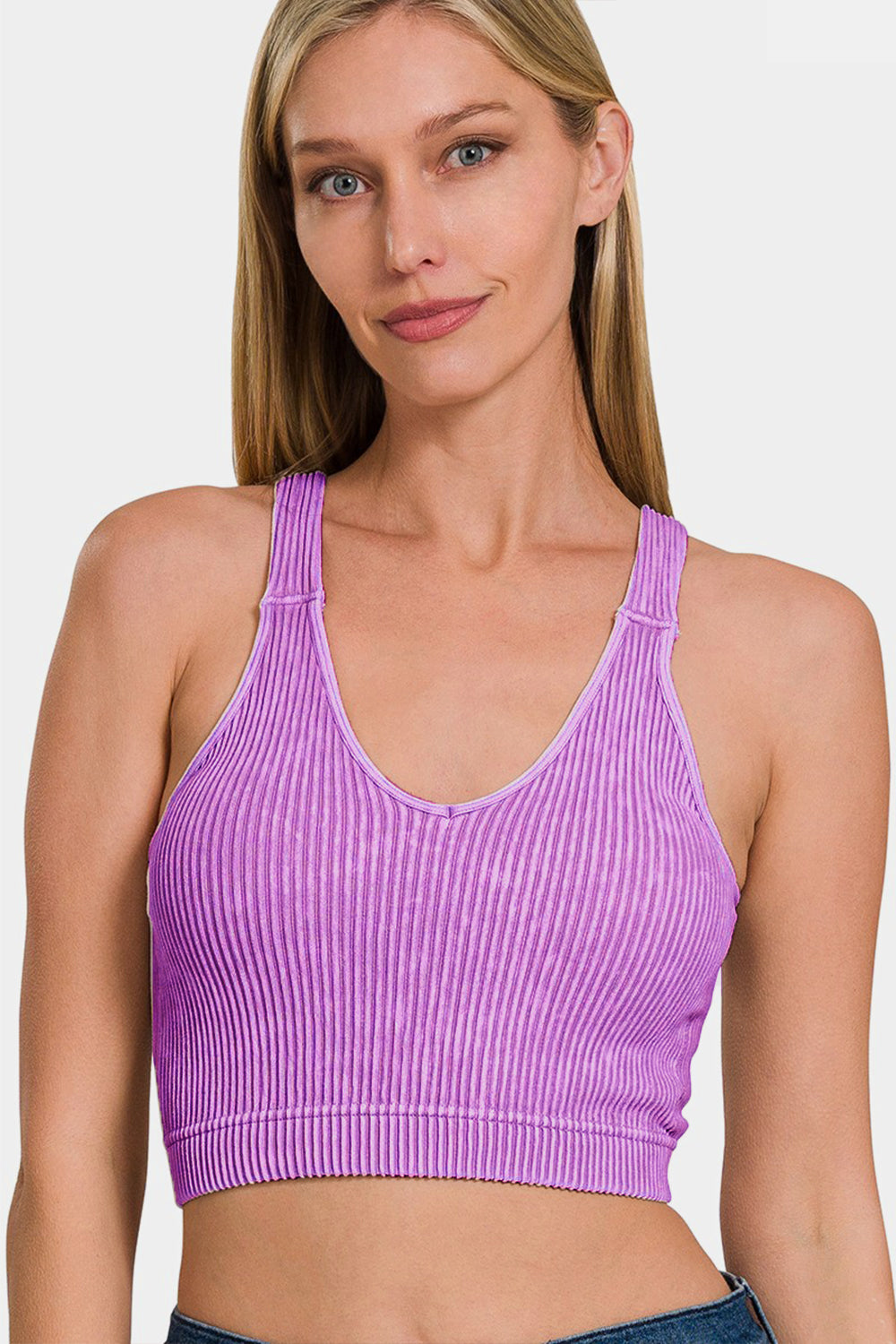 Zenana Empower Yourself Washed Ribbed Cropped Bra Padded Tank in Violet