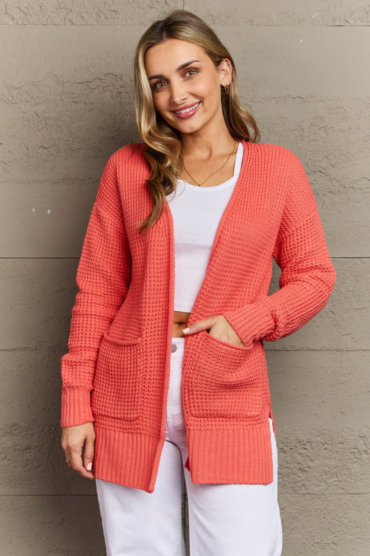 Zenana Bright & Cozy Waffle Knit Cardigan in Coral