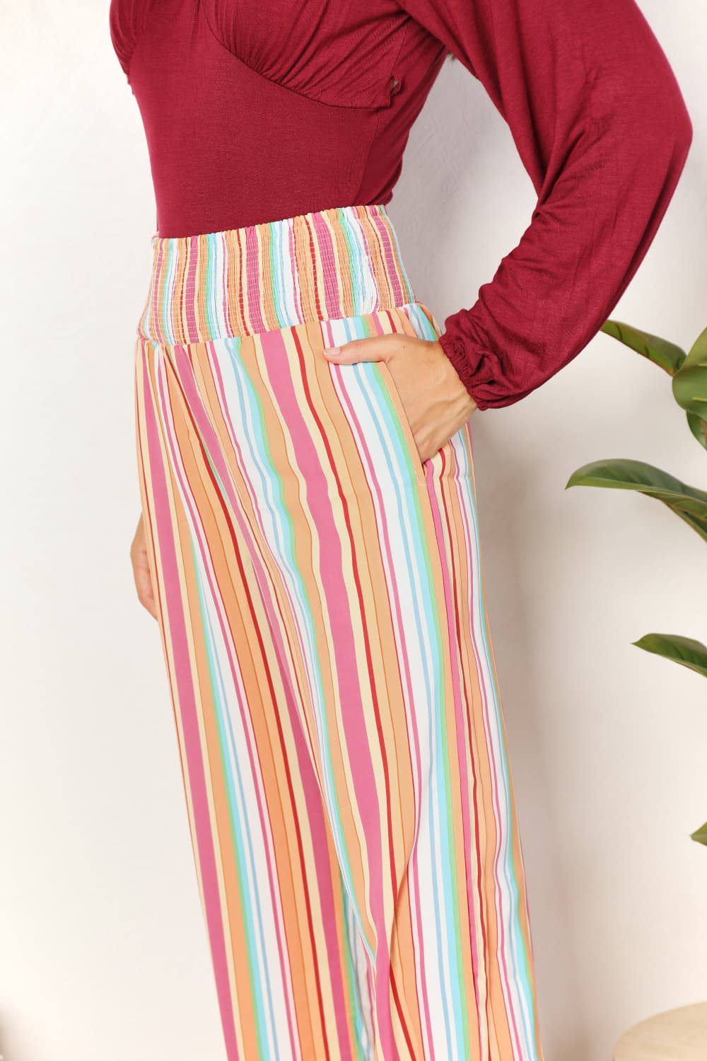 Double Take Keep Smiling Striped Smocked Waist Pants with Pockets