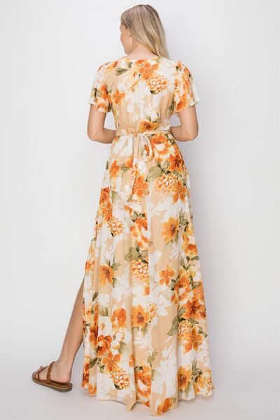 HYFVE Bring On The Night Floral Tie Back Short Sleeve Slit Maxi Dress