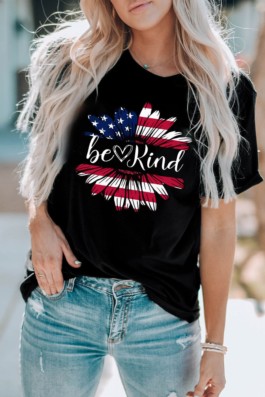 be Kind Flower US Flag Graphic Round Neck Tee