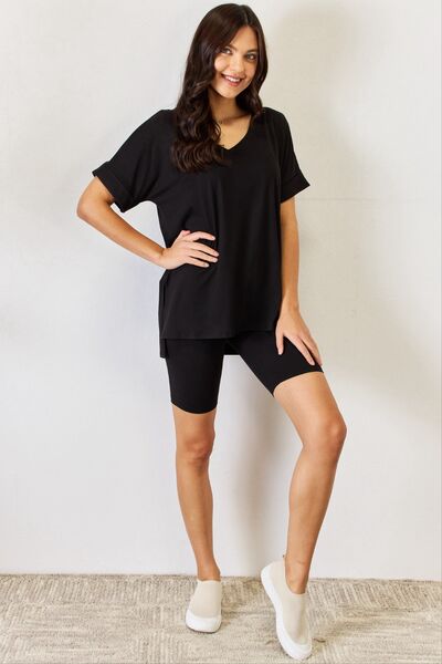 Zenana Hot Girl Vibes V-Neck Short Sleeve Slit T-Shirt and Shorts Set in Black