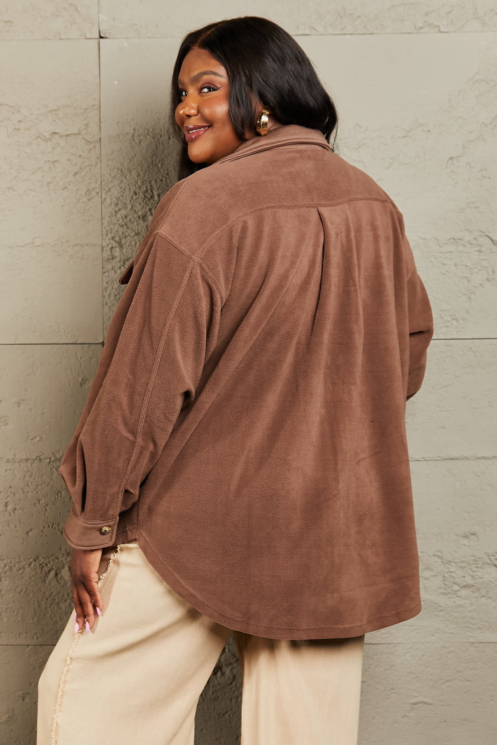 Heimish Cozy Girl Button Down Shacket in Coffee Brown