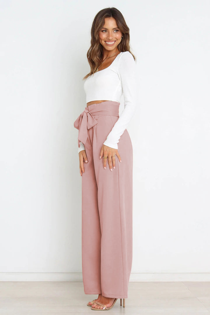 Office Chic Tie Front Wide Paperbag Waist Leg Pants