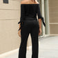 Jumping and Climbing Palm Trees Off-Shoulder Tie Cuff Jumpsuit with Pockets