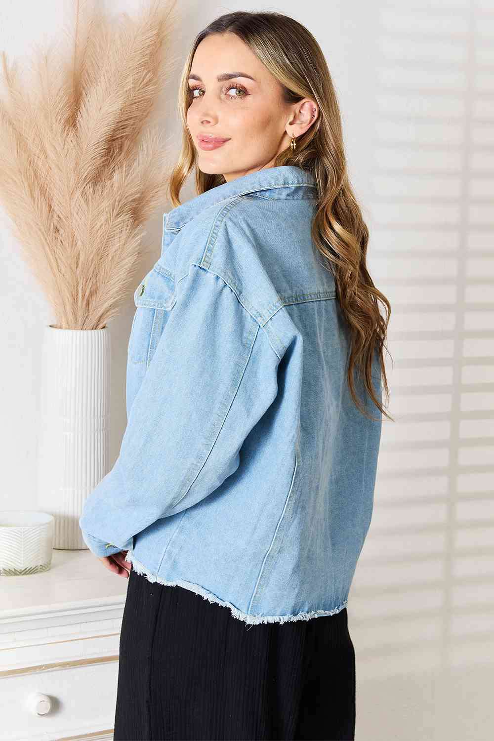 Double Take Hey Friend Raw Hem Denim Jacket